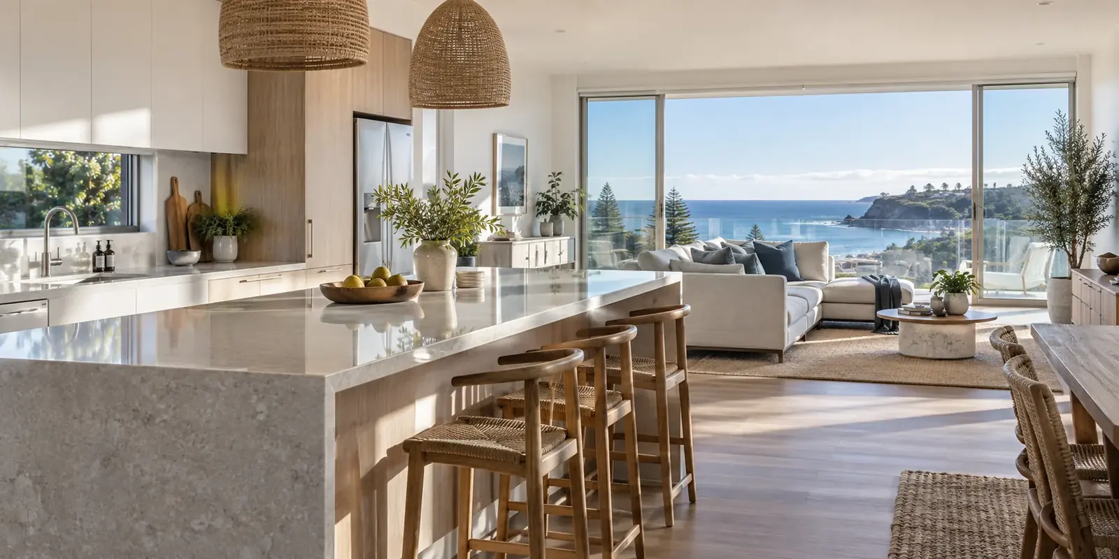 Open-plan kitchen and living area with an elevated ocean view in a South Coast holiday home