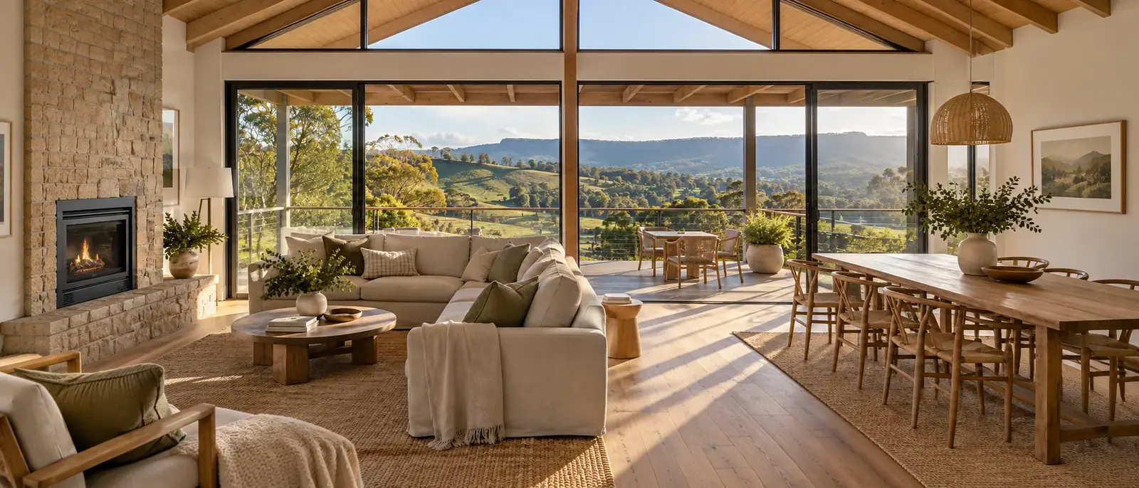 Open-plan living area with escarpment views in a Jamberoo acreage home